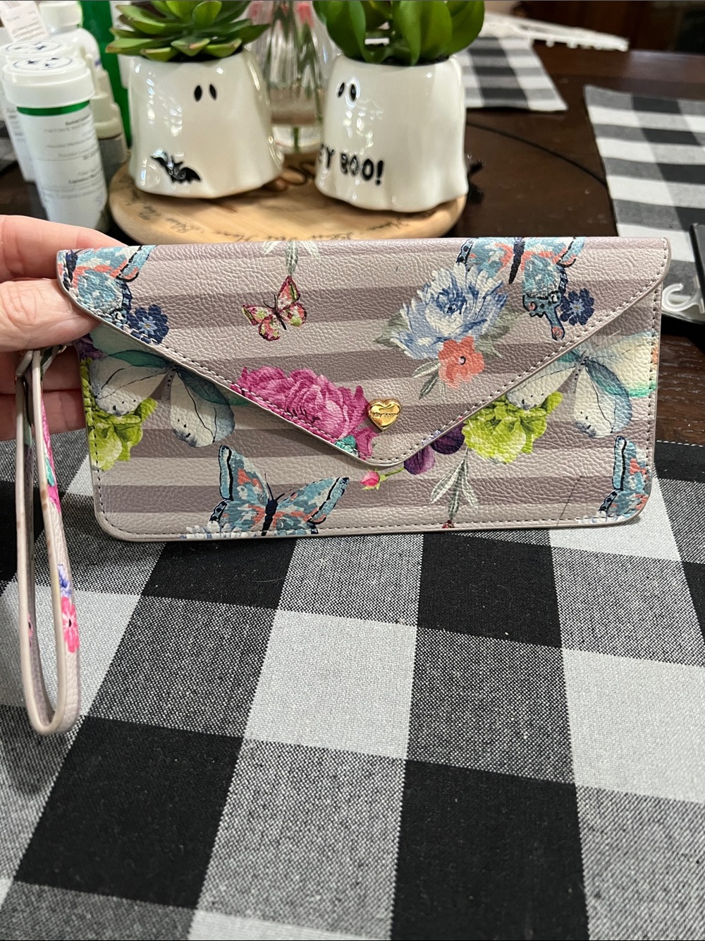 BETSY JOHNSON Floral Butterfly Envelope Wristlet Wallet